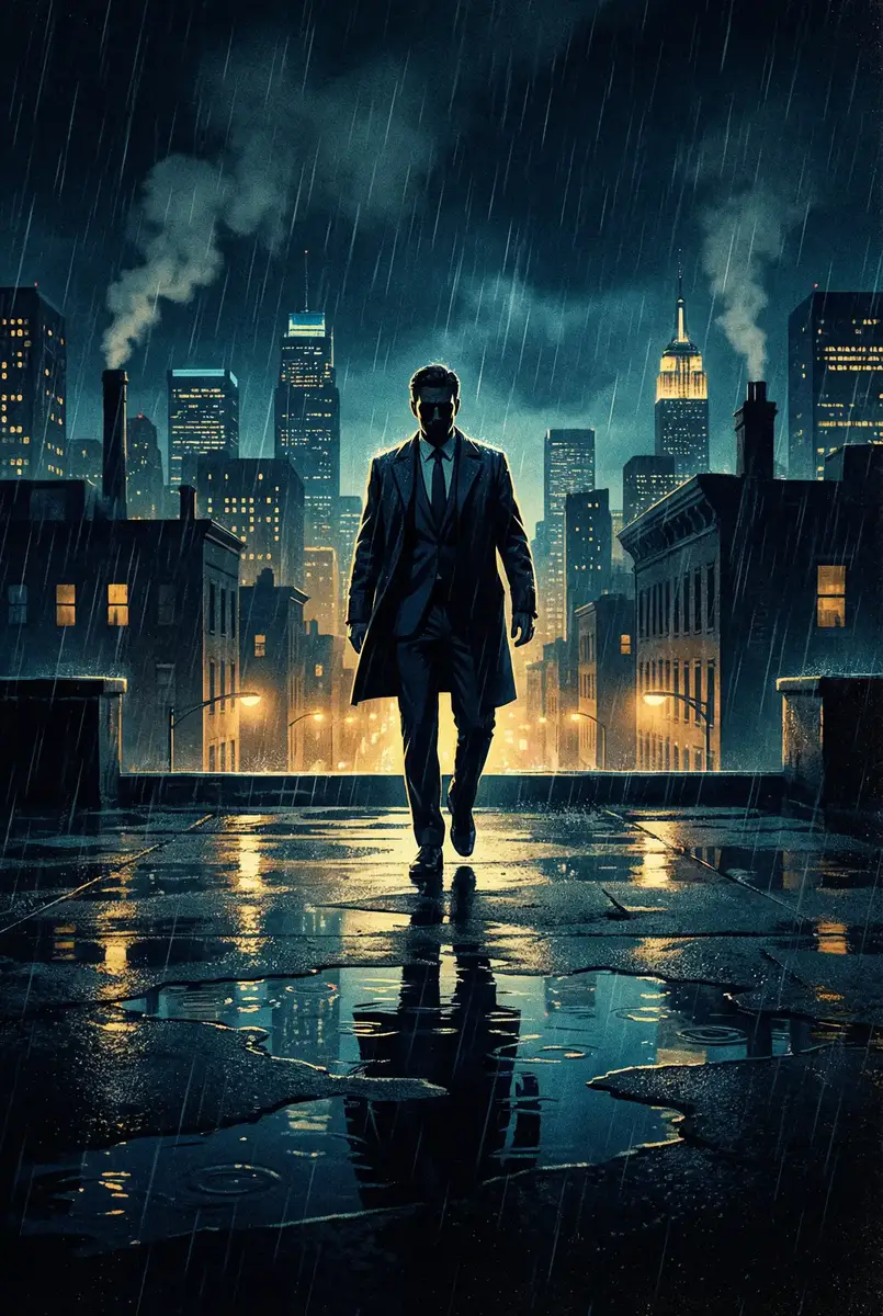 人猿泰山h 出品影片《雨夜独行者》海报，雨中城市屋顶男性剪影
